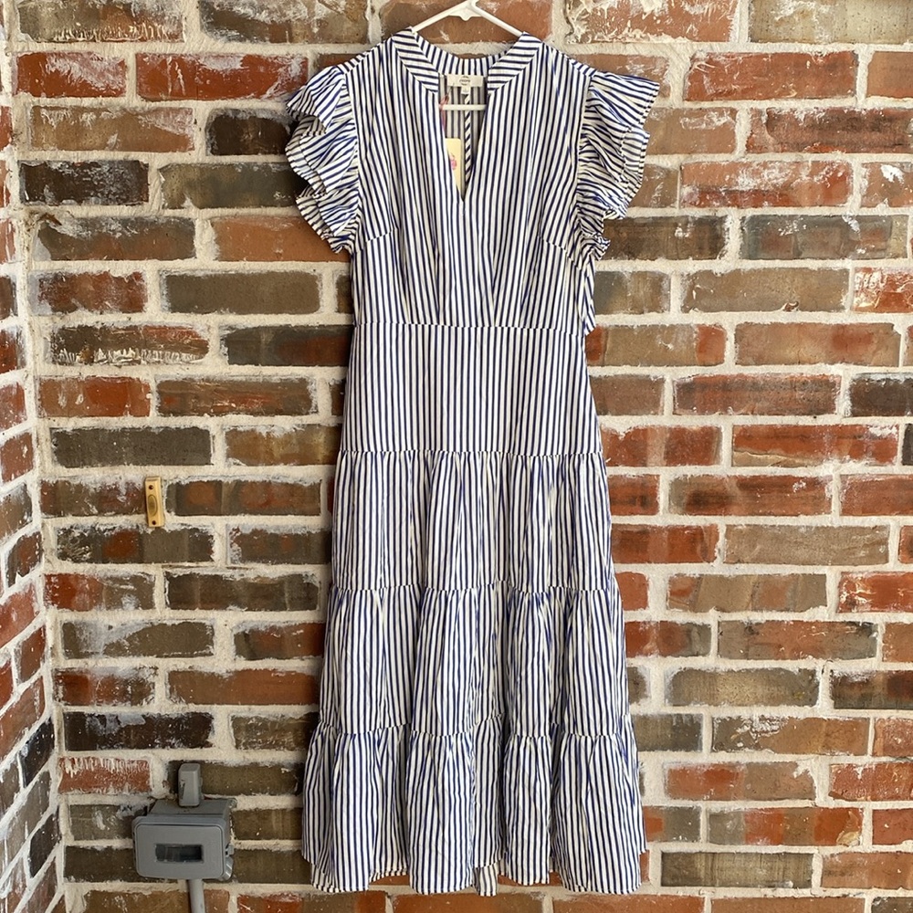 entro Blue and White Striped Ruffle Sleeve Midi Dress